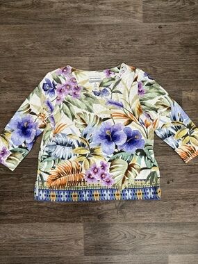 Alfred Dunner Tropical Floral Scoop-Neck Top - Purple, Green & Orange